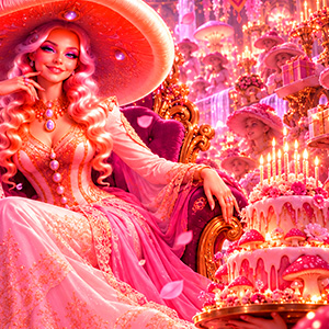 Queen Mycelia sitting on her throne next to her birthday cake.