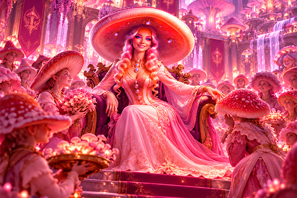 Queen Mycelia sitting on her throne, with a mushroom cap crown surrounded by her subjects.